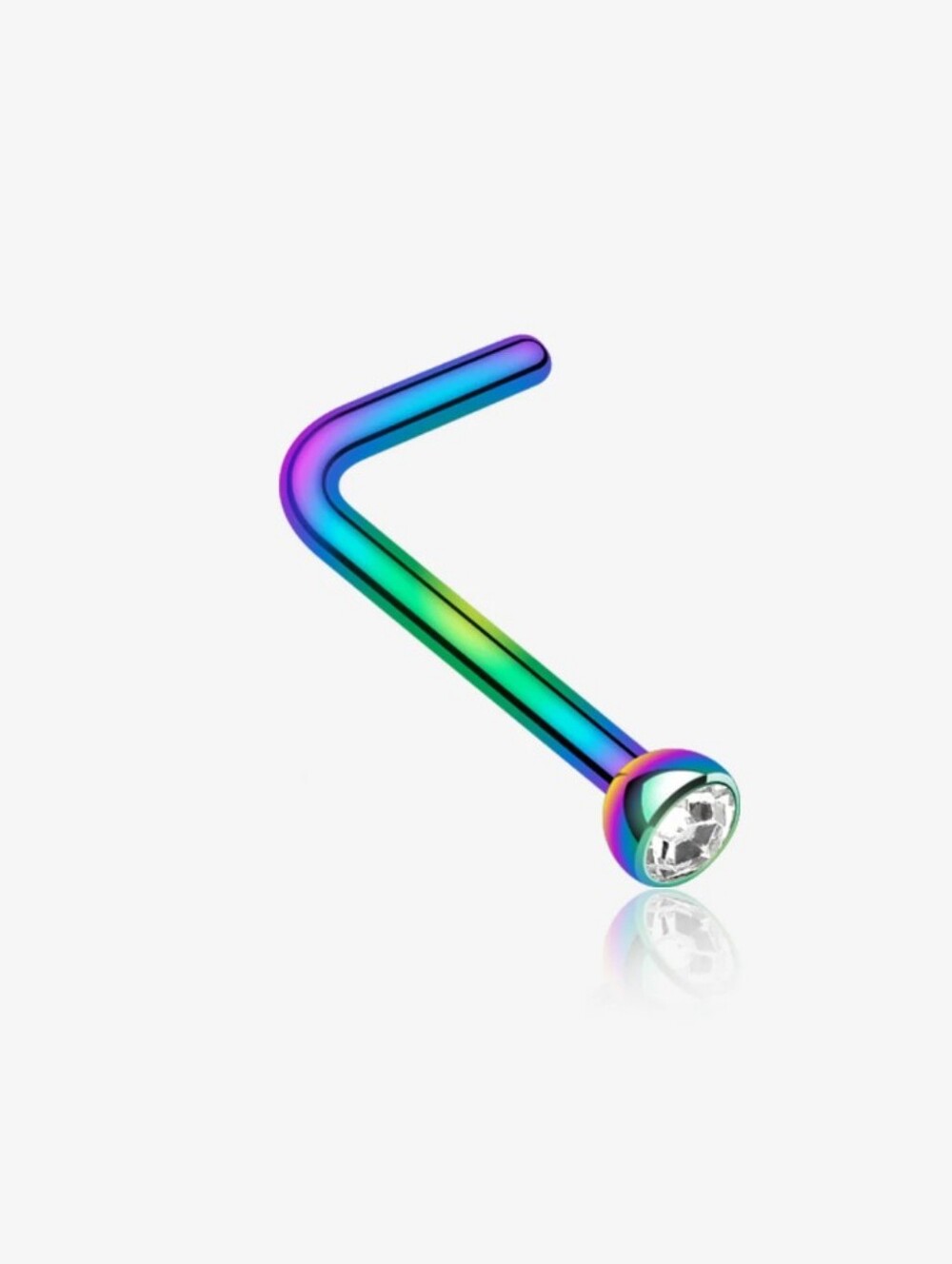 Iridescent L-Shaped Nose Ring with Clear Gem